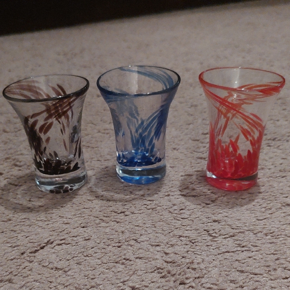 Handcrafted Artistic Shot Glass Set - Purple, Blue, and Red